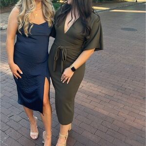 Olive green short sleeve cut out midi dress